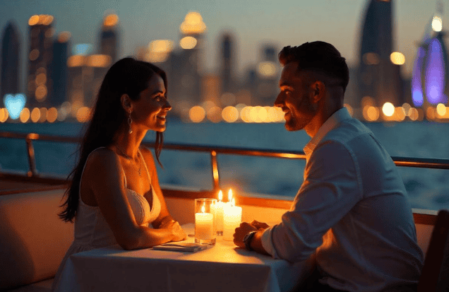 Couple enjoying a private time on a romantic dinner cruise in Dubai.