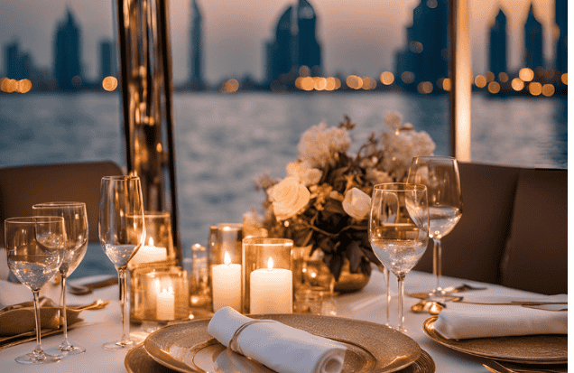 Yacht decorated with flowers for a luxury romantic yacht dinner in Dubai.