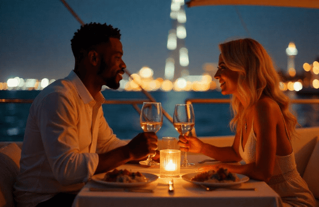 Couple enjoying a private moment on a Yacht Dinner in Dubai.