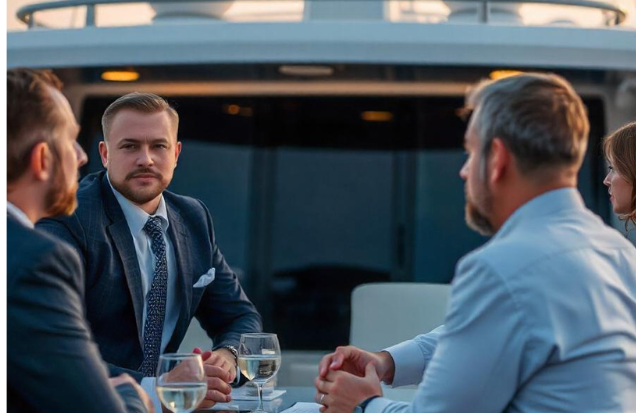 Business meeting taking place at a corporate yacht party on a deck in Dubai