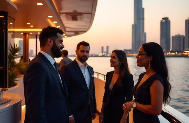 Group of people greeting each other at a corporate yacht event in Dubai