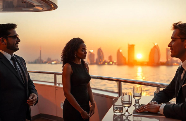 A woman speaking during a group meeting at a corporate yacht party in Dubai