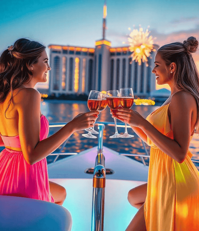 Two girls enjoying a spectacular firework display during a dubai yacht party on a deck.