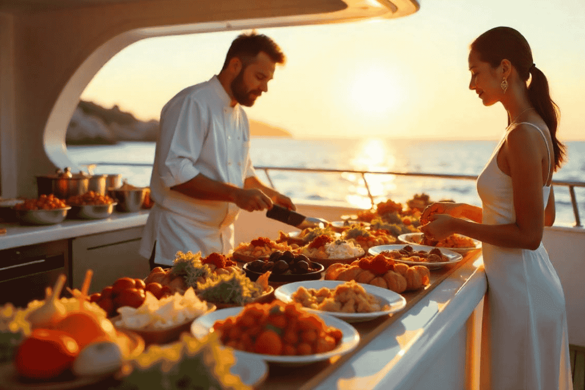 A man serving and preparing a buffet brunch on a mega yacht as a girl stands nearby.